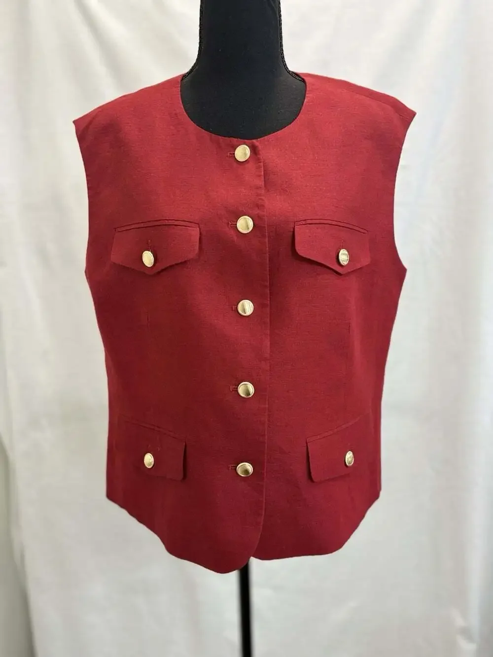 TALBOTS RED CLASSIC LINEN SHORT VEST GOLD BUTTONs SIZE 14